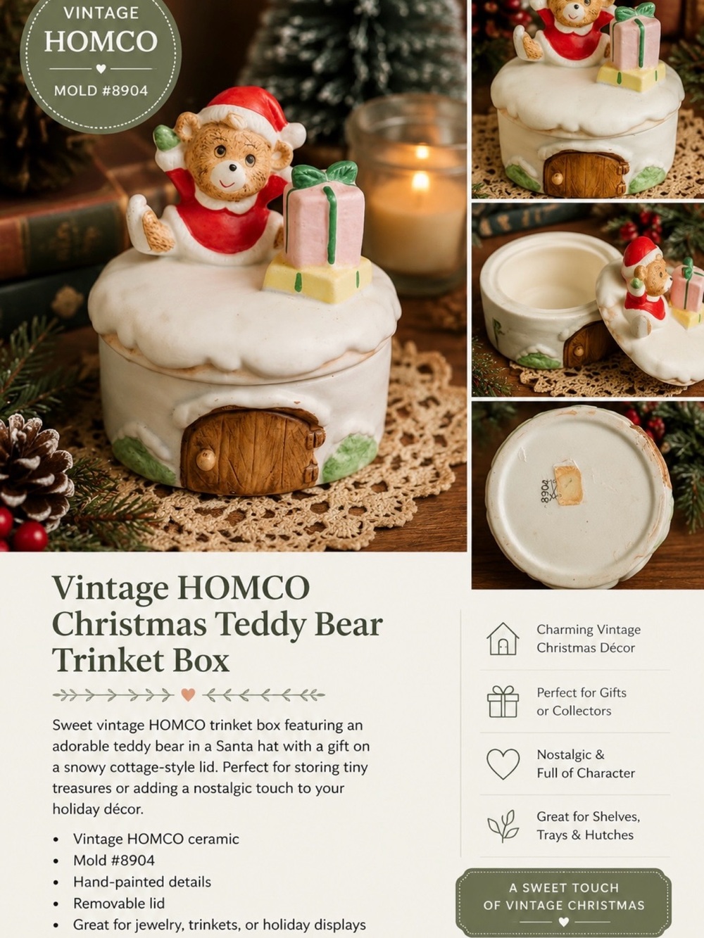 Homco Christmas Teddy Bear Trinket Box in White, Red & Pink